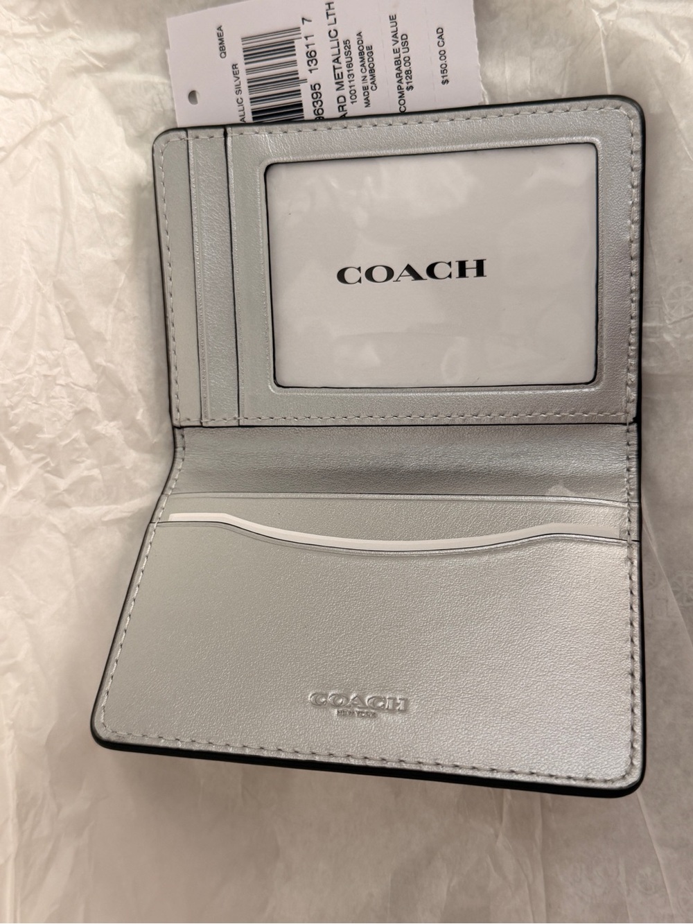 COACH Metallic Silver ID Wallet - Pebbled Leather